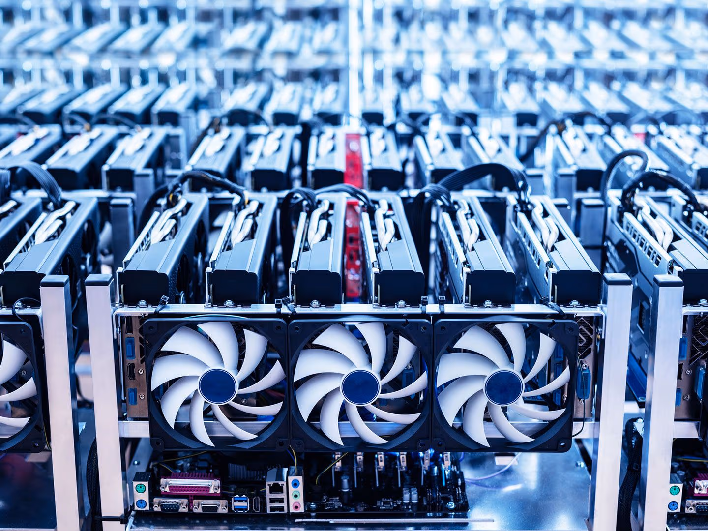 Racks with equipment for cryptocurrency mining.