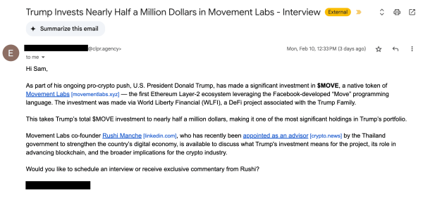 Movement Labs' PR firm emailed reporters about "Trump's" Feb. 10 investment into $MOVE.